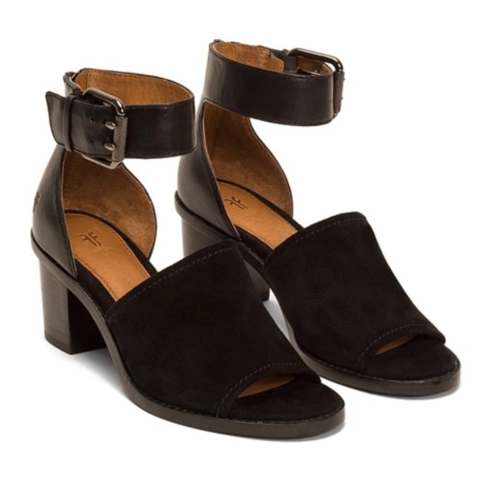 Frye Black Suede Brielle Ankle Strap Heeled Sandals Size 8 Open Toe Goth Basic